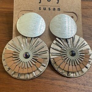 NWT Joy Susan Silver Tone & Bronze Flower Burst Abstract Wheel Drop Earrings